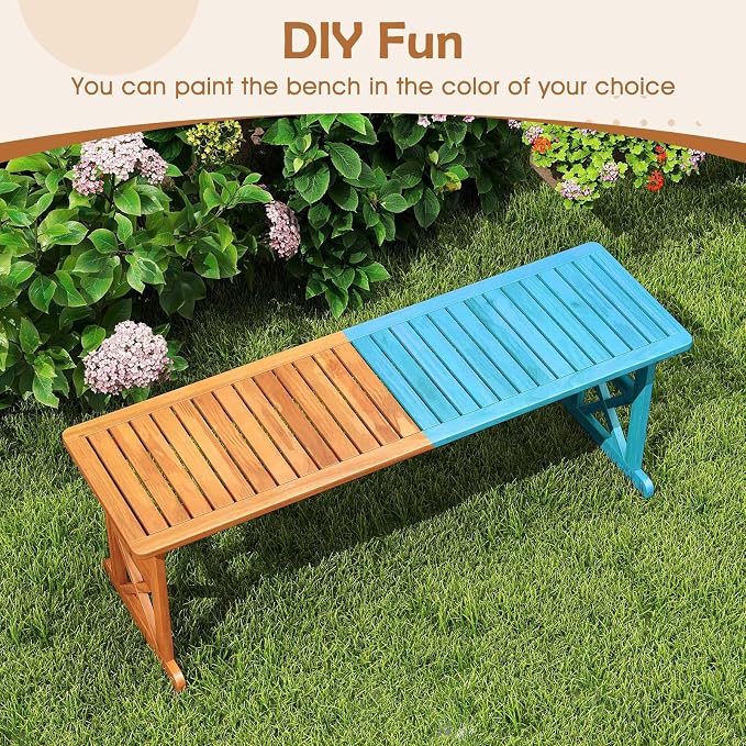 HAPPYGRILL Acacia Wood Outdoor Bench for 2-3 People, Patio Bench with Slatted Seat & X-Shaped Frame, for Porch Garden Backyard and Park (2)