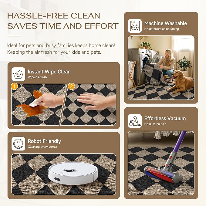 PureCozy 5x8 Checkered Easy Jute Area Rug for Living Room Checkerboard Washable Indoor Outdoor Carpet Farmhouse Patio Office Mat Textured Diamond Non Slip Black Carpet for Backyard Dining Room