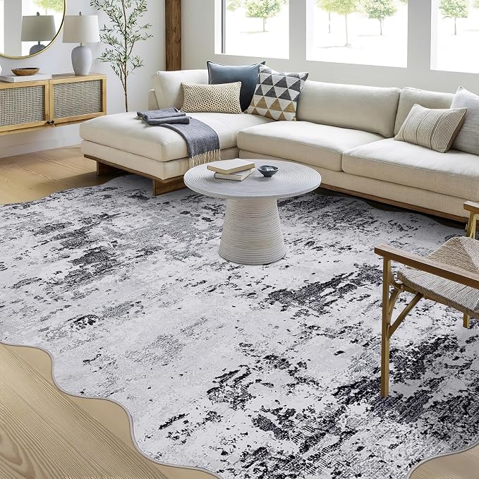 ROYHOME 10x13 Scalloped Modern Abstract Faux Wool Rug, Grey | Living Room Low Pile Ultra Soft Stain Resistant Non Slip Non Shedding Throw Rug for Bedroom Home Decor