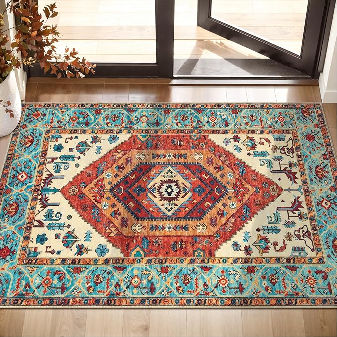SERISSA 2x3 Washable Non Slip Boho Small Area Rug for Entryway，Orange | Ultra Soft Vintage Oriental Carpet Low-Pile Tribal Indoor Mat for Bedroom Kitchen Bathroom Entrance Floor