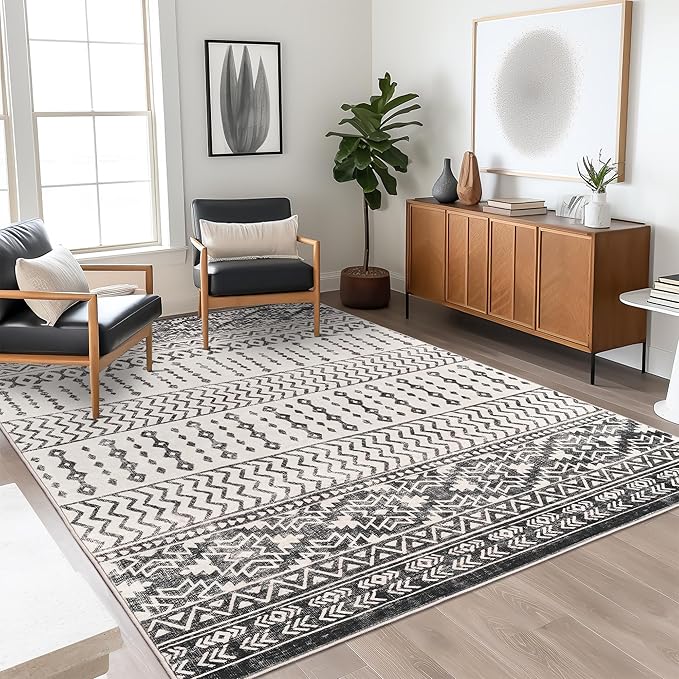 Art&Tuft 4x6 Area Rug Non Slip, Moroccan Washable Rugs for Bedroom, Black | Low Pile, Soft & Lighweight, Thin, Folable, Stain Resistant Indoor Carpet for Living Room, Kitchen, Coffee Table, Powder Room
