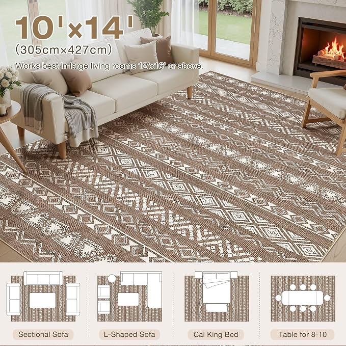 kakania Washable 10x14 Area Rug for Living Room: Boho Geometry Home Decor | Soft Stain Resistant, Low-Pile, Non-Slip, Pet & Kid Friendly, Thin Rug for Bedroom/Dining Room/Kids Dorm - Dark Brown