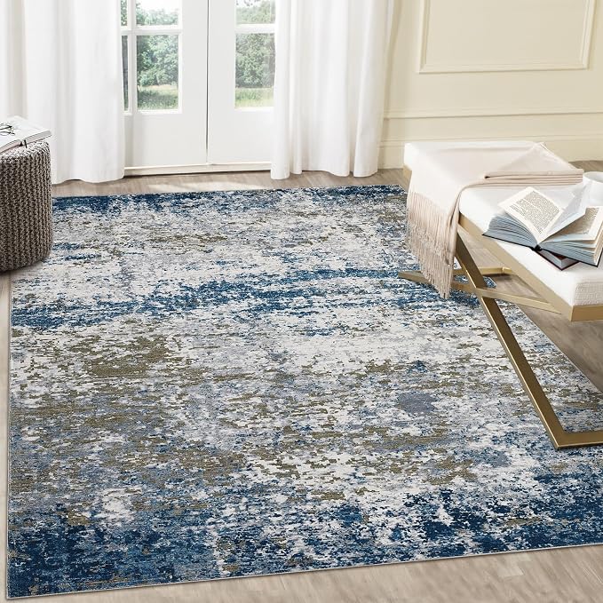 ROYHOME 5x7 Modern Abstract Faux Wool Rug, Navy | Ultra-Soft Low Pile Accent Rug Stain Resistant Carpet Machine Washable for Bedroom with Non Slip Backing