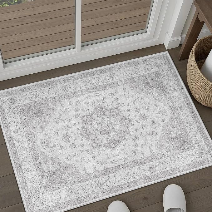 Grey 2x3 Washable Area Rug Entryway Vintage Oriental Doormat | Soft Low Pile, Non Slip, Stain Resistant, Floral Medallion, Neutral Retro Decor for Kitchen, Bathroom, Bedroom, Office