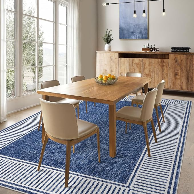 Garvee Large Washable Rug 9x12 Modern Bordered Living Room Rug Blue | Non Slip Soft Foldable Indoor Carpet Stain-Resistant Low Pile Floor Cover for Bedroom Nursery Office Dorm Kids Room Playroom