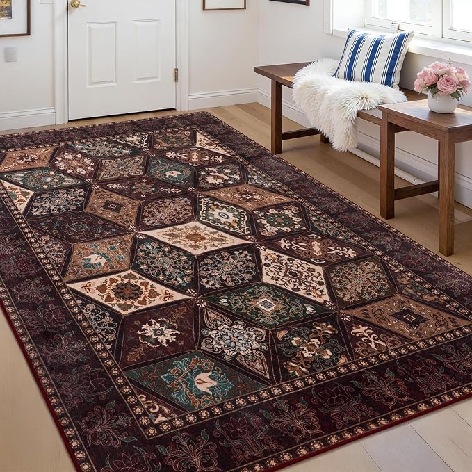 Moroccan Boho Floral Geometric Patchwork Washable 8x10 Large Rug | Vintage Distressed Non Slip Throw Carpet for Bedroom Livingroom Kitchen Hallway Entryway Office Dining Room Docer, Brown