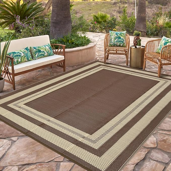 Garvee 8x10 Outdoor Rug Waterproof Plastic Straw Rug Outdoor Patio Rugs Reversible Mat Easy Clean Foldable Lightweight Large Area Rugs for Patio Porch Backyard Camping RV Beach Balcony Panel Coffee