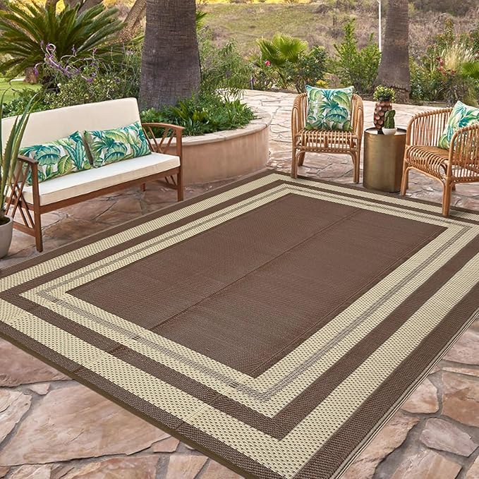 Garvee 9x12 Outdoor Rug for Patio Plastic Straw Rug Waterproof Reversible Mat Lightweight Foldable Carpet Easy Clean Large Rugs for Patio Porch Backyard Camping RV Beach Balcony Deck Panel Coffee