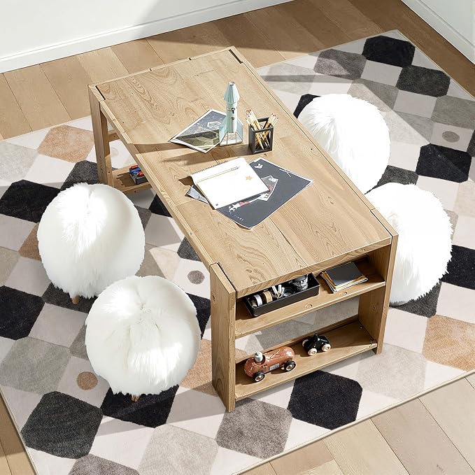 jinchan 4x6 Checkered Area Rug Washable Classroom Kids Rug Marble | Soft, Non-Slip, Kid-Friendly, Preschool Rug, Diamond Design, Play Mat, Black White on Cream, Playroom, Nursery, Bedroom, Dorm
