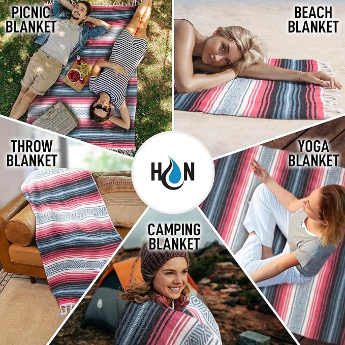 Hydration Nation Authentic Large Handwoven Mexican Striped Throw Blanket - Soft, Durable, Eco-Friendly - 70"x50" - Azure