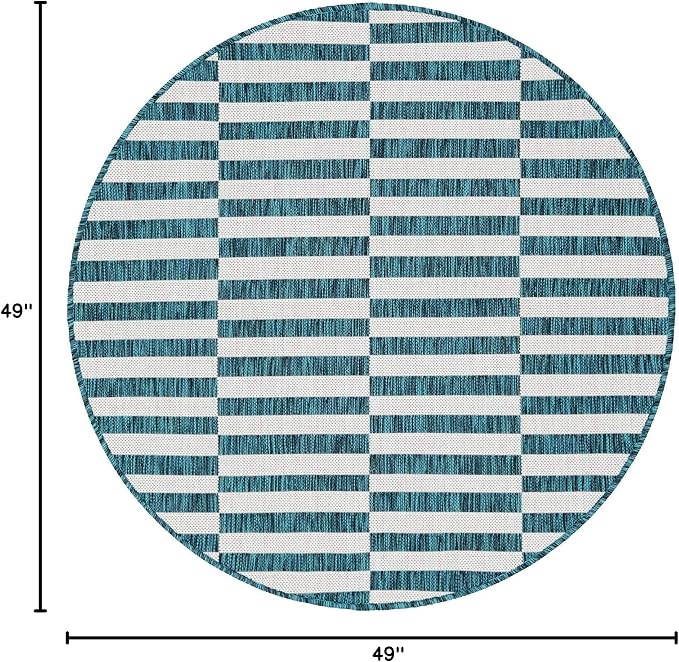 Unique Loom Outdoor Striped Collection Area Rug - Striped (4' 1" Round, Teal/Ivory)