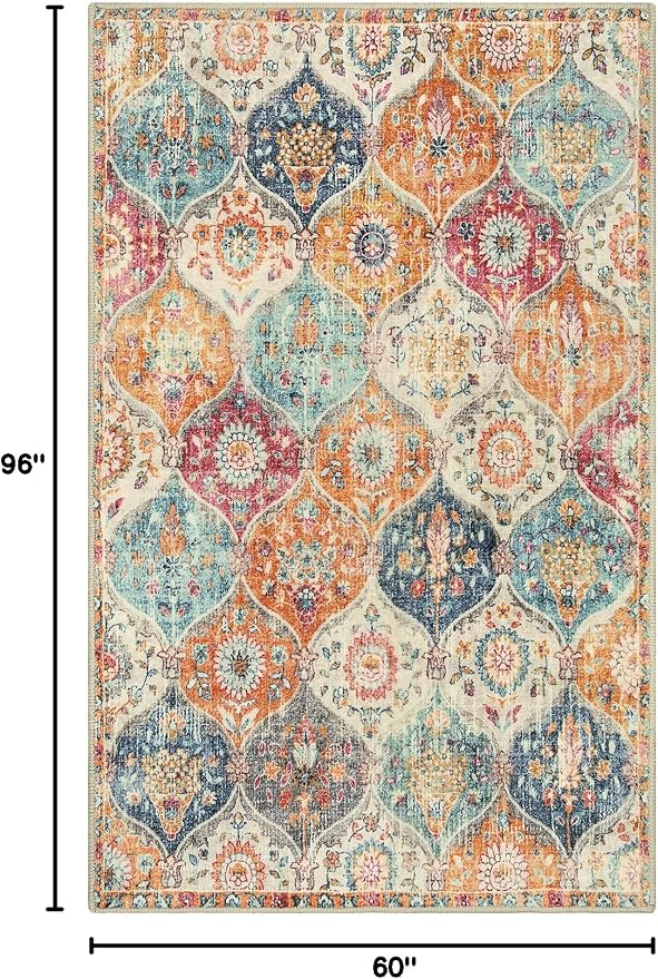 Lahome Moroccan 5x8 Area Rug, Ultra-Thin Washable Rugs for Living Room Bedroom, Soft Large Oriental Non-Slip Non Shedding Throw Large Carpet for Dining Room Office Elise, Cream/Multi