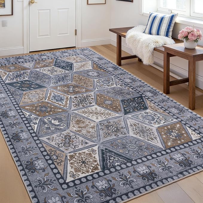 Moroccan Boho Floral Geometric Patchwork Washable 8x10 Large Rug | Vintage Distressed Non Slip Throw Carpet for Bedroom Livingroom Kitchen Hallway Entryway Office Dining Room Docer, Dark Grey