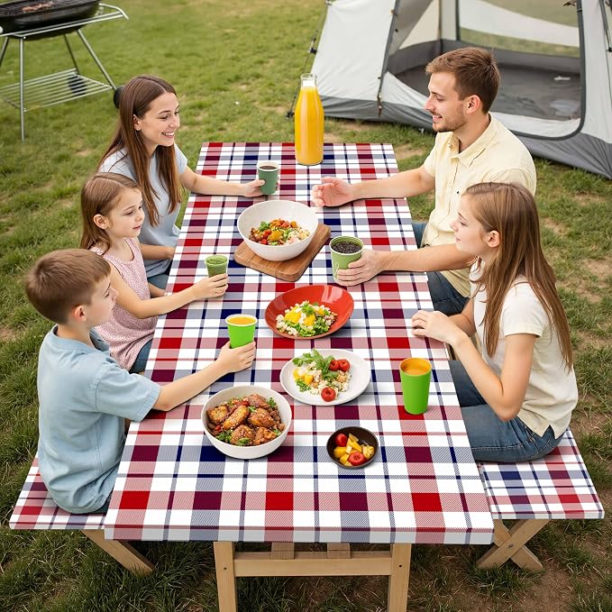 Picnic Table Cover with Bench Covers Elastic,Fitted Table cloths for Rectangle Tables 6 Foot Washable,Waterproof Tablecloth for Outdoor Camping Essentials (Red White Blue Buffalo Plaid, 6 Foot)