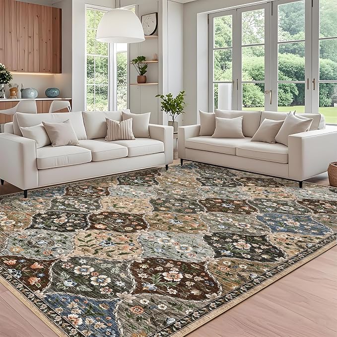 ROYHOME 8x10 Area Rug Trellis Floral Machine Washable Rug for Living Room | Stain Resistant Non-Slip Accent Rug Carpet Farmhouse Vintage Distressed Floor Cover for Home Decor, Taupe/Brown