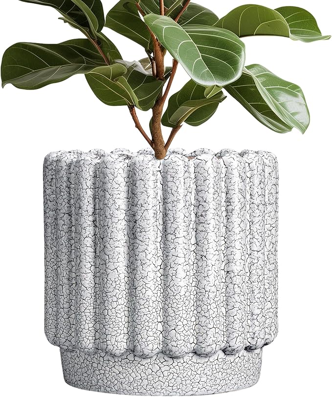Ceramicfor Ceramic Planter, 12 Inch, Black and White | Indoor Plants, Drainage Hole, Fluted Round Design, Indoor & Outdoor Use