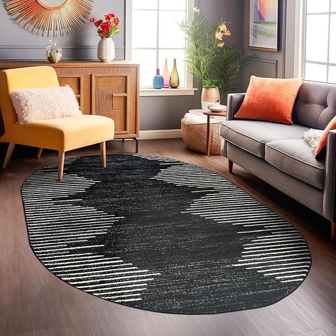 Rugshop Bohemian Stripe Stain Resistant High Traffic Oval Rug Black 5' x 7' | Oval, Size 5' x 7', Living Room, Bedroom, Dining Room, Home Office, Kitchen, Entryway, Hallway, Nursery, Kids Room