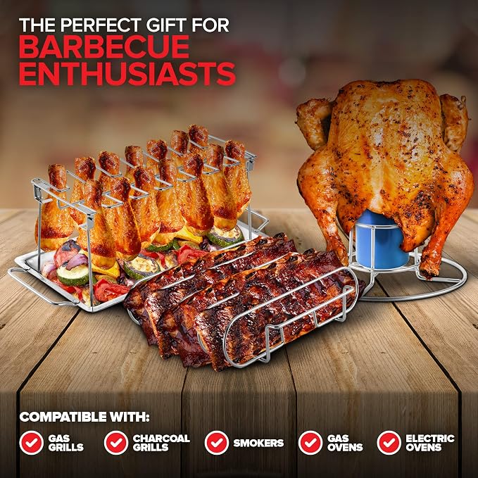 Modern Innovations Grill Racks, Chicken Leg Rack Drumstick Holder, Beer Can Chicken Holder Butt Stand, BBQ Smoke Rib Rack, Smoker Accessories Gifts For Men, Smoking and Grilling Gift Set