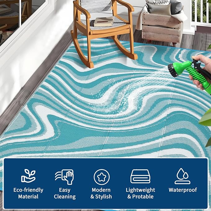 Garvee Large Modern Outdoor Rug 9x12 Patio Rugs Outdoor Waterproof Reversible Plastic Straw Camping Rug, Abstract Outside Rugs for Picnic Backyard Deck Balcony Porch Beach Trailer, Light Blue