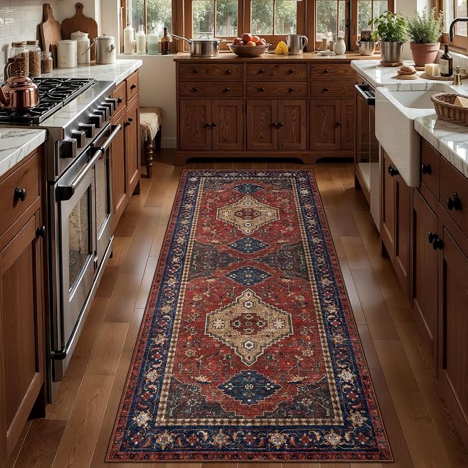 Tangsoo Red 2x6 Washable Runner Rug for Hallways, Vintage Non Slip Runner | Oriental Soft Low Pile Long Rug Runner, Boho Carpet Runners for Kitchen Bedroom Entryway Bathroom Living Room Red Beige