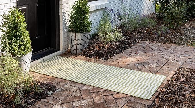 Unique Loom Outdoor Striped Collection Area Rug - Striped (2' x 6' 1" Runner, Green/Ivory)