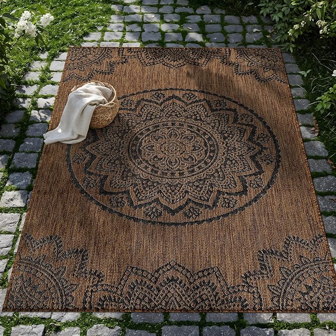 CAMILSON Outdoor Rug 8x10 Modern Area Rugs for Indoor and Outdoor Patios and Porches - Waterproof Washable Non-Shedding Easy-to-Clean Outside Carpet (8 x 10 Medallion - Gold/Black)