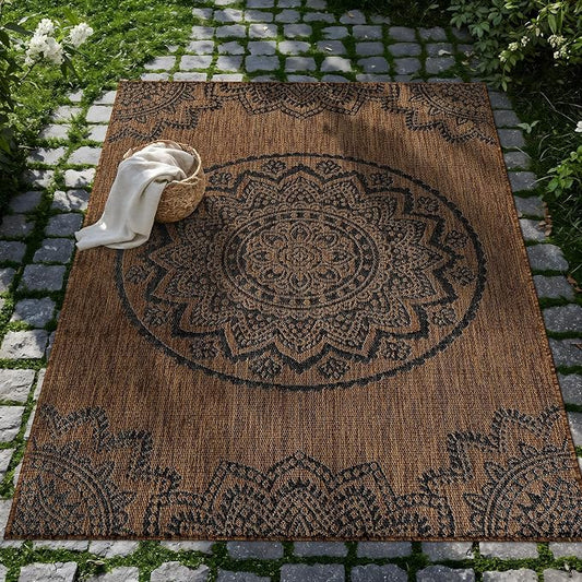 CAMILSON Outdoor Rug 5x7 Modern Area Rugs for Indoor and Outdoor Patios and Porches - Waterproof Washable Non-Shedding Easy-to-Clean Outside Carpet (5 x 7 Medallion - Gold/Black)