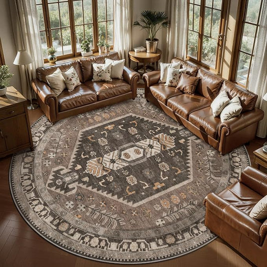Ciicool 8ft Round Area Rugs for Living Room,Soft Circle Carpet for Bedroom | Large Oriental Low-Pile Vintage Non-Slip Indoor Mat for Kitchen Entryway Bedside Laundry Bathroom Dining Room Foyer Decor