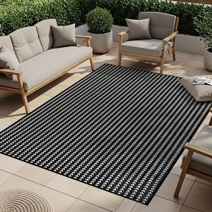Washable Outdoor Rug 9x12 Modern Area Rugs Outdoor Carpets Striped Pattern Non Shedding Waterproof Easy Clean Patio Deck Porch Living Room Bedroom Garden RV (9 X 12 Black)