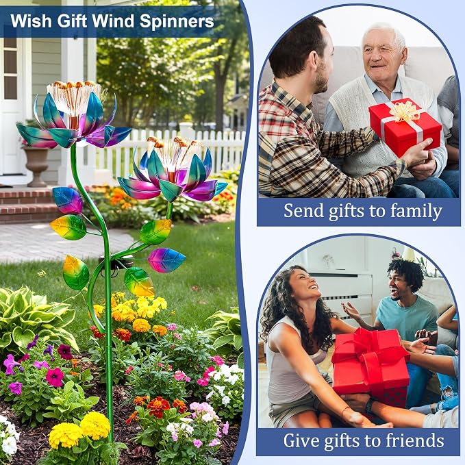 Solar Wind Spinners Blue Twin Flowers for Yard and Garden, Solar Windmill Garden Whirligig Kinetic Spinners Decor for Lawn, Patio, Yard, Metal Wind Outdoor Sculpture