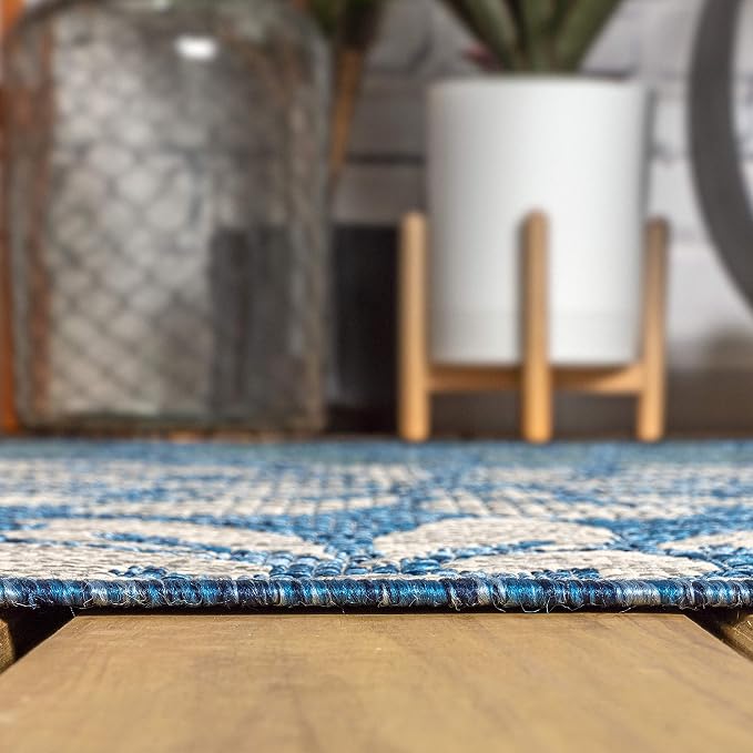 JONATHAN Y Floral Textured Weave Indoor Outdoor Octagon Area Rug 8 Ft Navy/Aqua, Zinnia Modern for Backyard, Patio, Porch, Easy-Cleaning, High Traffic, Pet-Friendly, Non-Shedding (SMB110C-8TGN)