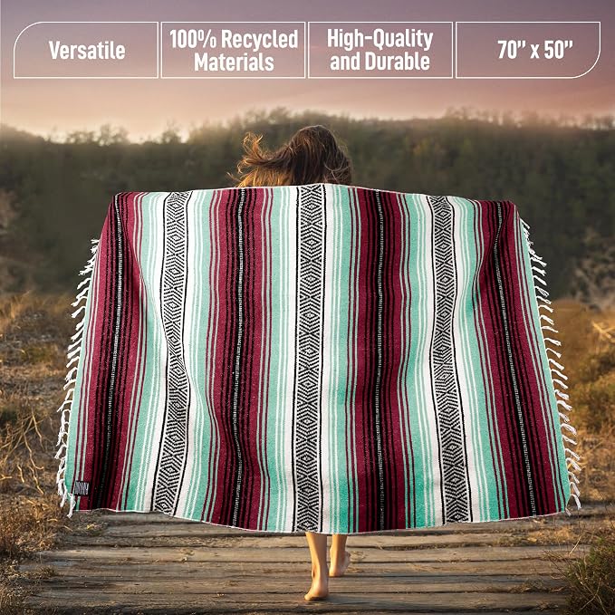 Hydration Nation Authentic Large Handwoven Mexican Blanket - Soft Yoga- Durable Serape- Lightweight Falsa, Beach, Camping, Picnic, Outdoor Blanket 70"x50" - Miami Vice