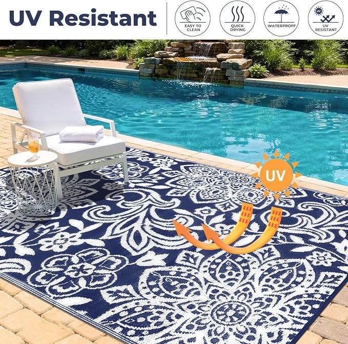 Findosom Waterproof Outdoor Rug 6' x 9' - Reversible Mandala Outdoor Plastic Straw Rug, Durable Foldable Patio Rug for RV, Deck, Balcony, Backyard, Picnic, Porch, Camping, Beach, Navy