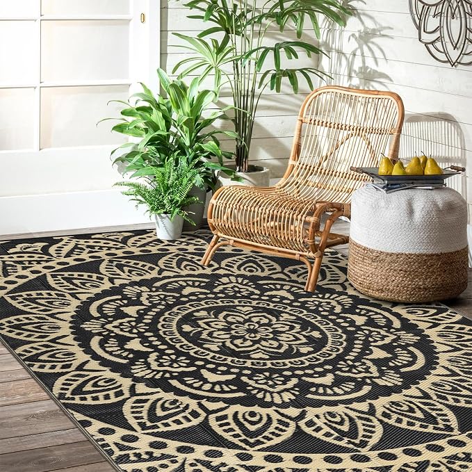 Bsmathom Waterproof Outdoor Rug 6'x9' Reversible Boho Plastic Straw Patio Deck Camping Rugs, Indoor Outdoor Portable RV Mat Clearance Carpet for Outside, Porch, Balcony, Backyard, Beach, Pool,Black