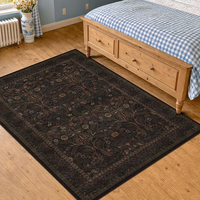 Washable 5x8 Floor Rugs for Living Room, Brown and Black Low Plie Woodland Soft Bedroom Carpet, Southwestern Home Office Décor, Non Slip Floral Funky Dark Academia Rug