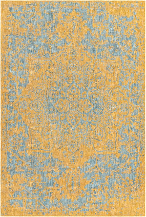 Unique Loom Jill Zarin Jill Zarin Outdoor Collection Area Rug - Dubai (6' 1" x 9' Rectangle, Yellow and Aqua/Light Blue)