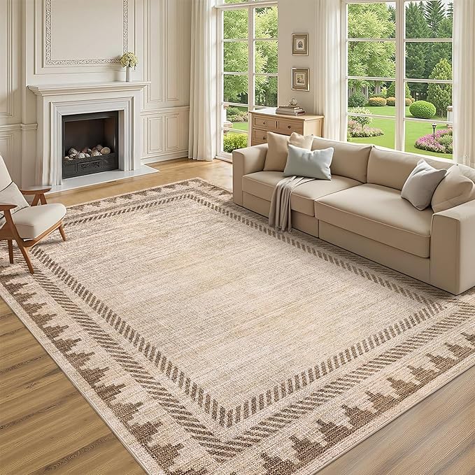 GarveeHome Extra Large Area Rug 10x13 Washable Rug Non Slip, Modern Geometric Border Carpet, Non Shedding Low Pile Stain-Resistant Floor Covering, Soft Neutral Mat for Open Spaces Offices, Tan