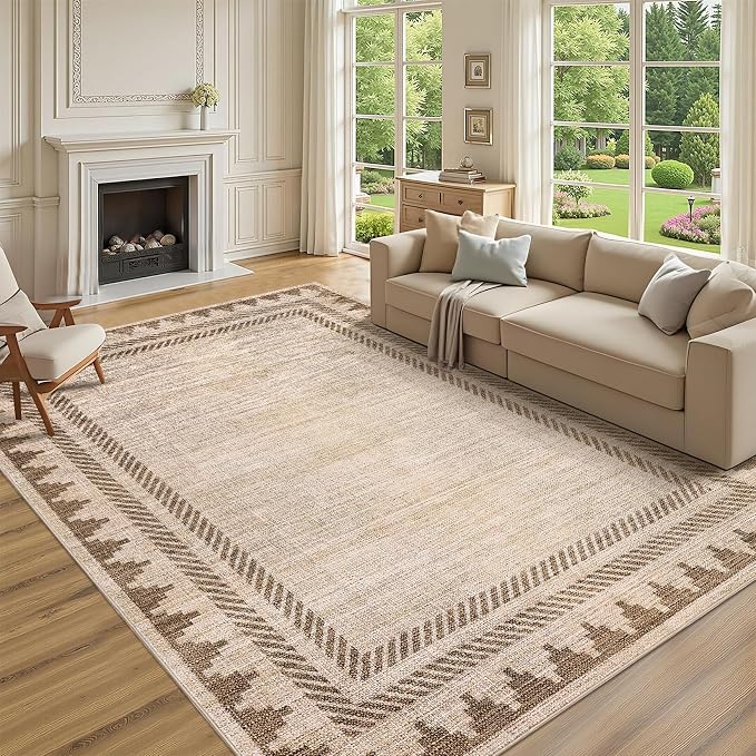Area Rug 9x12 Modern Solid Rug with Non Slip TPR Backing, Unique Bordered Neutral Washable Carpet, Soft Stain-Resistant Floor Covering, Non Shedding Low Pile Neutral Mat for Open Spaces Office, Tan