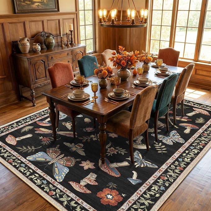 ROYHOME Mushroom Insect Washable Rug 5x7 for Bedroom Living Room Black | Playroom Nursery Office Bug Moth Cute Funky Cottage Core Whimsical Boy Carpet Low-Pile Non-Slip Stain Resistant TPE Backing