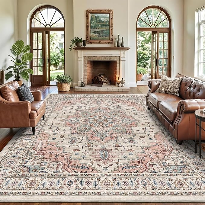 8x10 Area Rug for Living Room Large Washable Vintage Area Rug | Non-Slip, Retro Print, Low Pile, Stain Resistant Carpet, Ultral Soft, Beige Pink Indoor Rug, for Bedroom Dining Room Nursery
