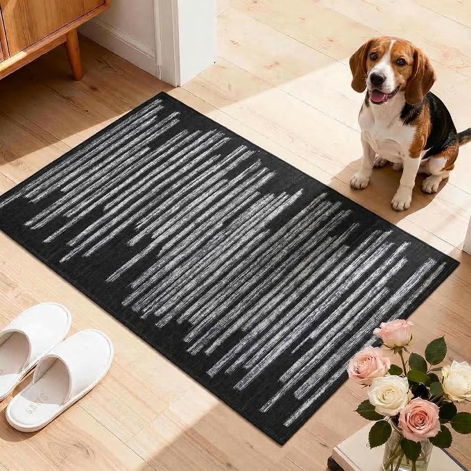 GarveeHome Black 2x3 Small Area Rug for Entryway Machine Washable Non Slip | Modern Striped Soft Bedroom Carpet Geometric Stain Resistant Low Pile Doormat for Kitchen Hallway Laundry Room