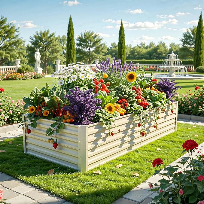 YITAHOME 2pcs 6x3x2ft Galvanized Raised Garden Bed, Metal Planter Box with Safety Rubber, Gloves, Outdoor Flower Bed for Planting Plants Vegetables, Cream Yellow