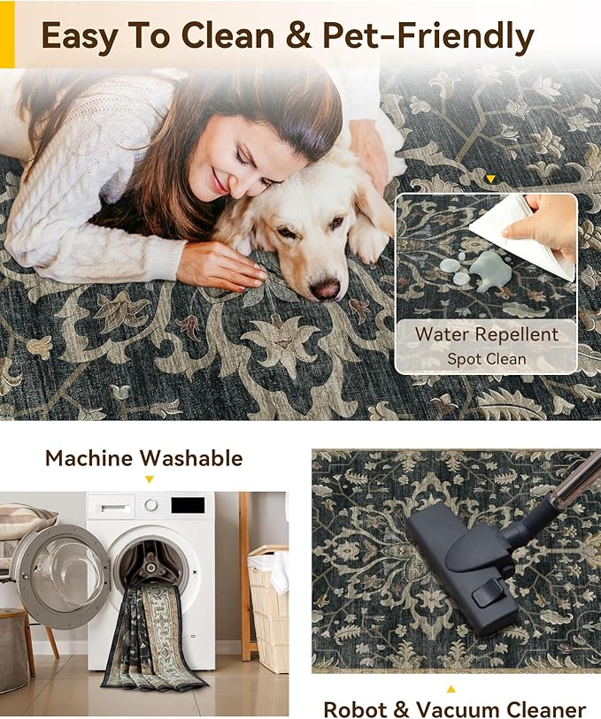 RELEANY Washable Area Rug, 7'x10', Black/Vintage/Beige | Non-Slip, Water Repellent, Pet Friendly, Easy to Clean, Vintage Floral Boho Decor for Living Room Bedroom Dining Room Office