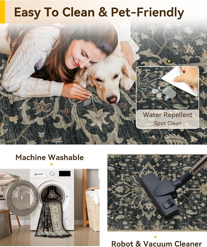 RELEANY Washable Area Rug, 4'x5', Black/Vintage/Beige | Non-Slip, Water Repellent, Pet Friendly, Easy to Clean, Vintage Floral Boho Decor for Living Room Bedroom Kitchen Office