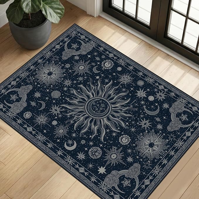 Vacuum-Friendly, 2x3 Washable Area Rug, Blue Gray White | Sun and Moon Boho Gothic Non-Slip Low Pile Living Roon Bedroom Dining Room Kitchen Entry Entryway Entrance Hallway Doormat