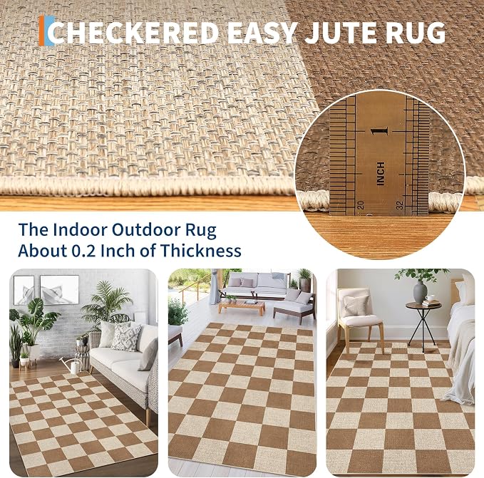 GarveeHome 9x12 Checkered Easy Jute Rugs for Bedroom Machine Washable Large Rugs Non-Slip Backing Modern Neutral Stain Resistance Carpets for Farmhouse Patio Dining Room Backyard Brown