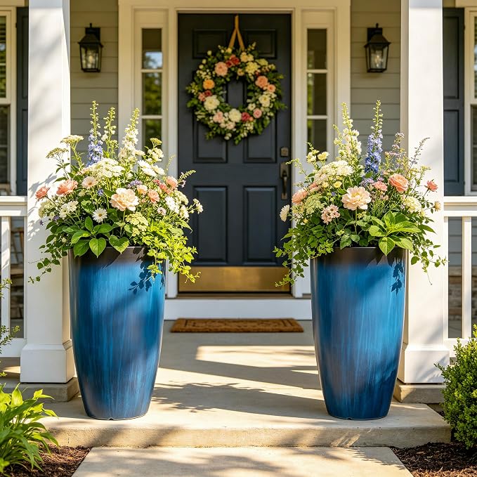 Autodaya 23.8" Tall Planters Set of 2, Large Plastic Plant Pots with Artistic Floating Cobalt Blue Glaze, UV-Resistant Lightweight PP Flower Pots for Outdoor Indoor Plants, Garden, Patio, Deck, Porch