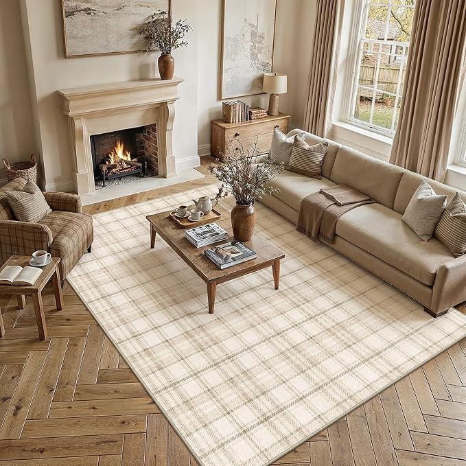 8x10 Beige Plaid Living Room Area Rug | Washable, Low Pile, Modern, Neutral, Soft, Non Slip, Rug for Bedroom Dining Room Nursery Office Indoor Home Decor