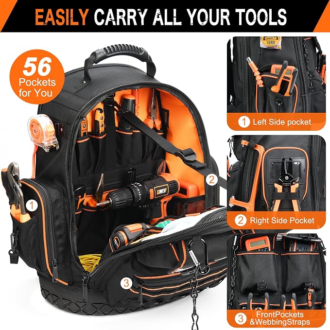 LOKASS Tool Backpack Heavy Duty with Molded Bottom, 1680D 56-Pocket Tool Bag Organizer with Laptop Compartment & Combination Lock, Durable Water-Resistant Electrician & HVAC Tool Backpack - Black