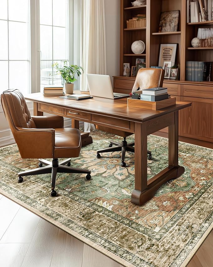 RELEANY Washable Area Rug, 5'x7', Brick/Brown/Green | Non-Slip, Water Repellent, Pet Friendly, Easy to Clean, Vintage Floral Boho Decor for Living Room Bedroom Dining Room Office